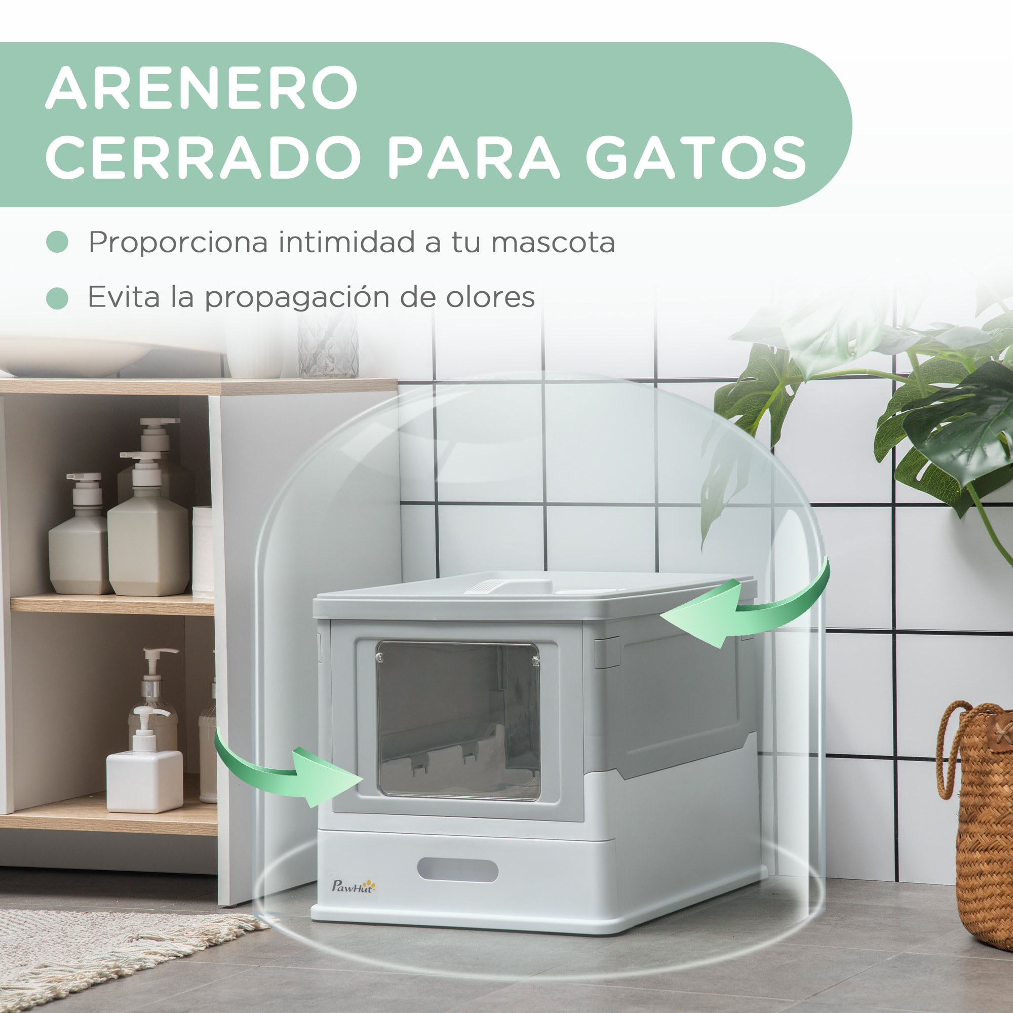 Caja de Arena Plegable para Gatos Arenero Cerrado para Gatos con Cubierta Desmontable Bandeja Extraíble Techo Abatible Puerta de Entrada y Pala 47,5x35,5x36,7 cm Gris