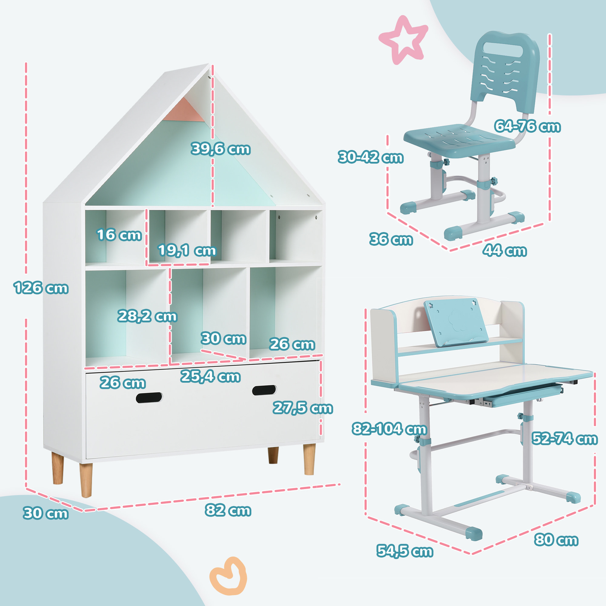 Conjunto para Niños Incluye 1 Juego de Escritorio y Silla para Niños Altura Ajustable y 1 Estantería Infantil con 8 Compartimentos Abiertos Azul y Blanco