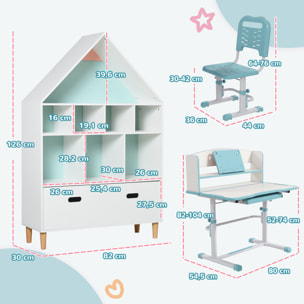 Conjunto para Niños Incluye 1 Juego de Escritorio y Silla para Niños Altura Ajustable y 1 Estantería Infantil con 8 Compartimentos Abiertos Azul y Blanco