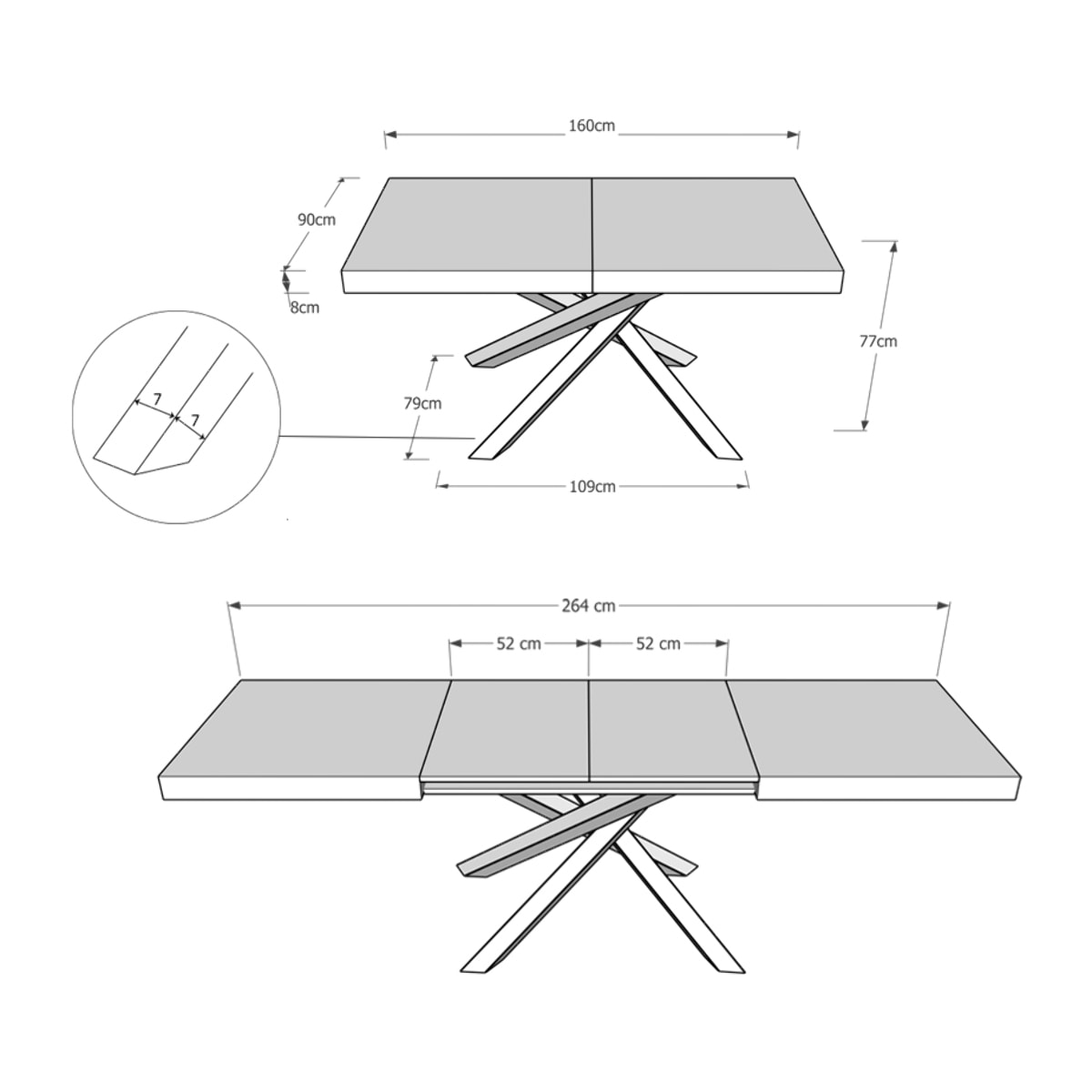 Tavolo allungabile 90x160/264 cm Volantis quercia natura telaio bianco