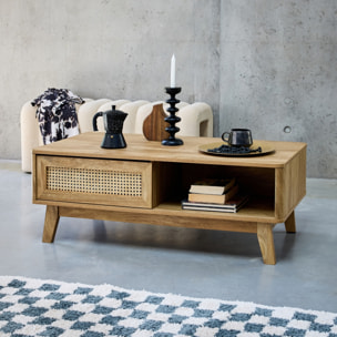 Table basse rectangulaire décor bois et cannage 1 porte coulissante MANI