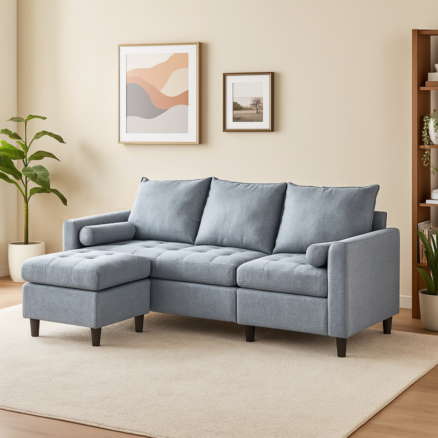 CHARLES - Canapé 3 places en tissu avec pouf gris clair