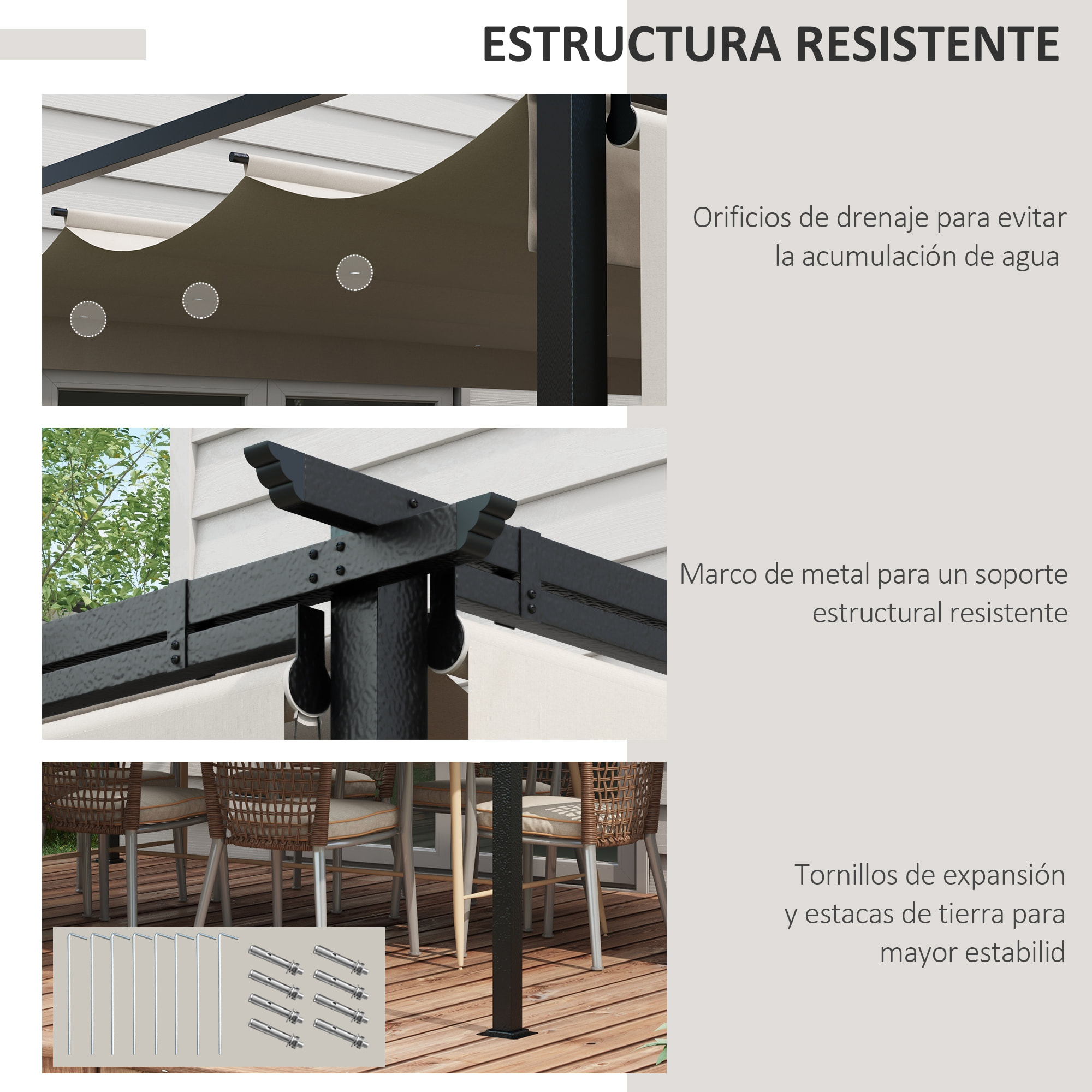 Pérgola de Jardín 4x3 m Cenador para Exterior con Techo Retráctil 4 Cortinas Enrollables de Poliéster y Marco de Metal para Patio Terraza Crema