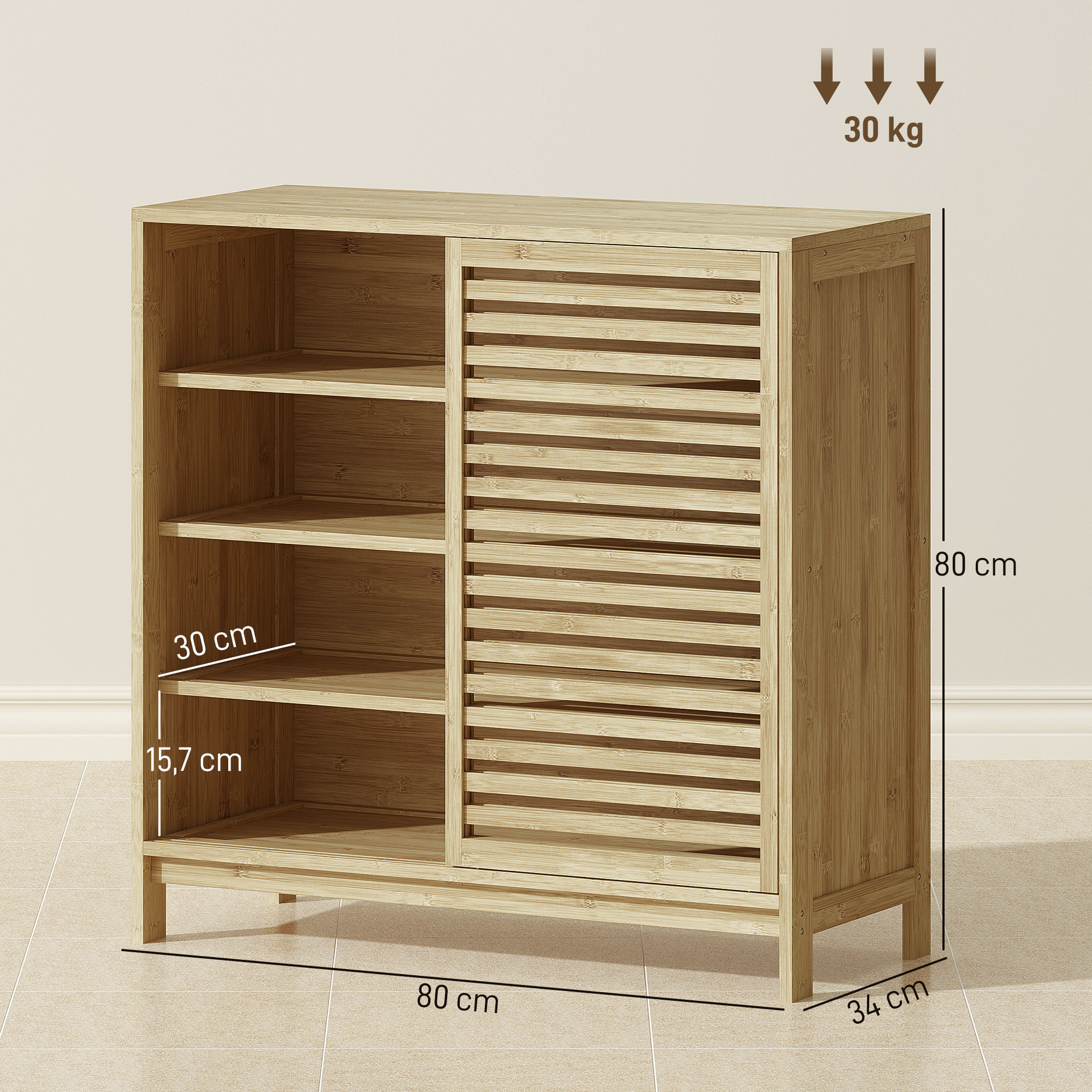 Armario de Baño de Bambú Mueble de Baño con 2 Puertas Correderas Diseño con Lamas 4 Estantes Mueble Auxiliar de Almacenaje para Cocina Salón 80x34x80 cm Natural