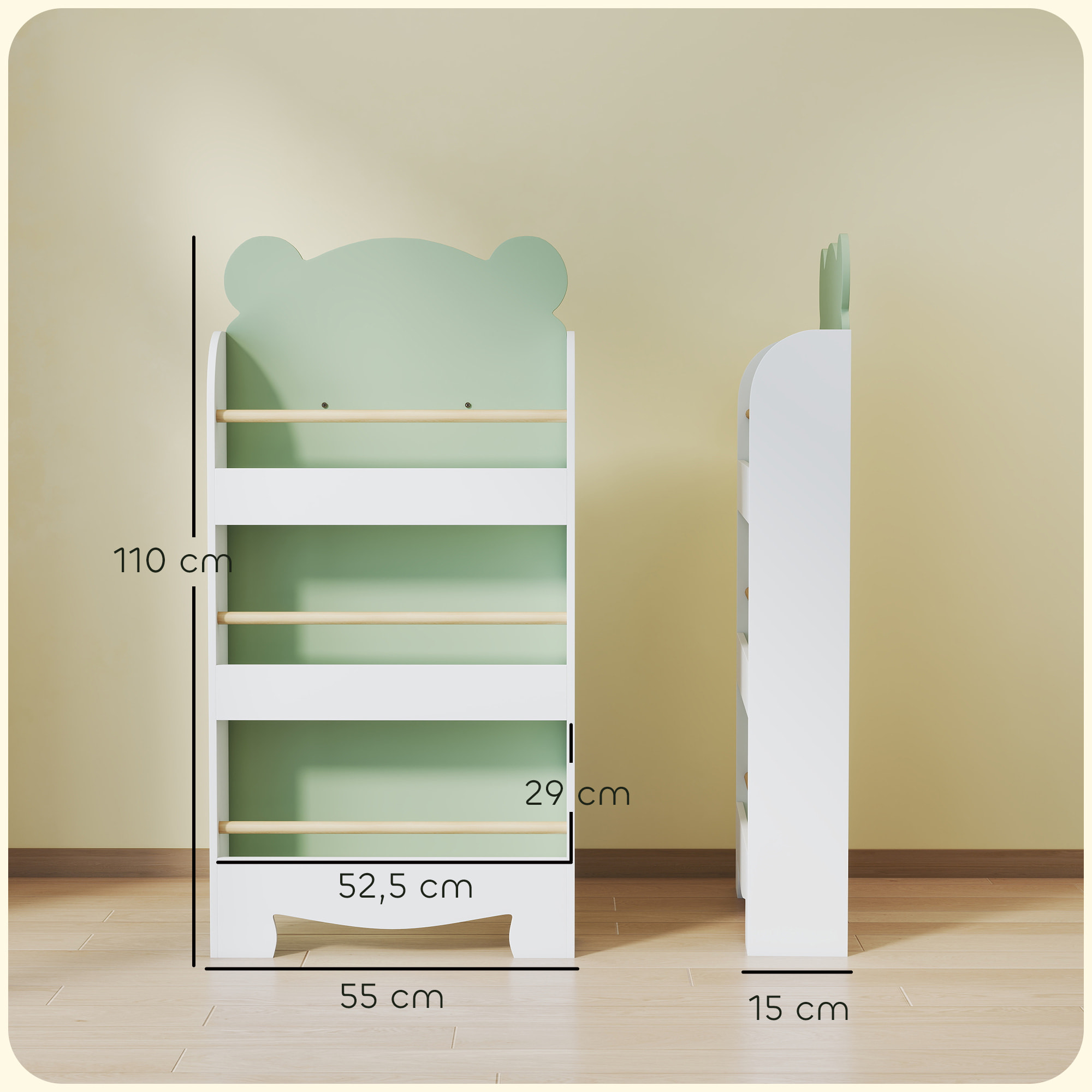 Librería Infantil de 3 Niveles Estantería para Libros Infantil Diseño de Osito para Sala de Juegos Dormitorio Guardería Verde