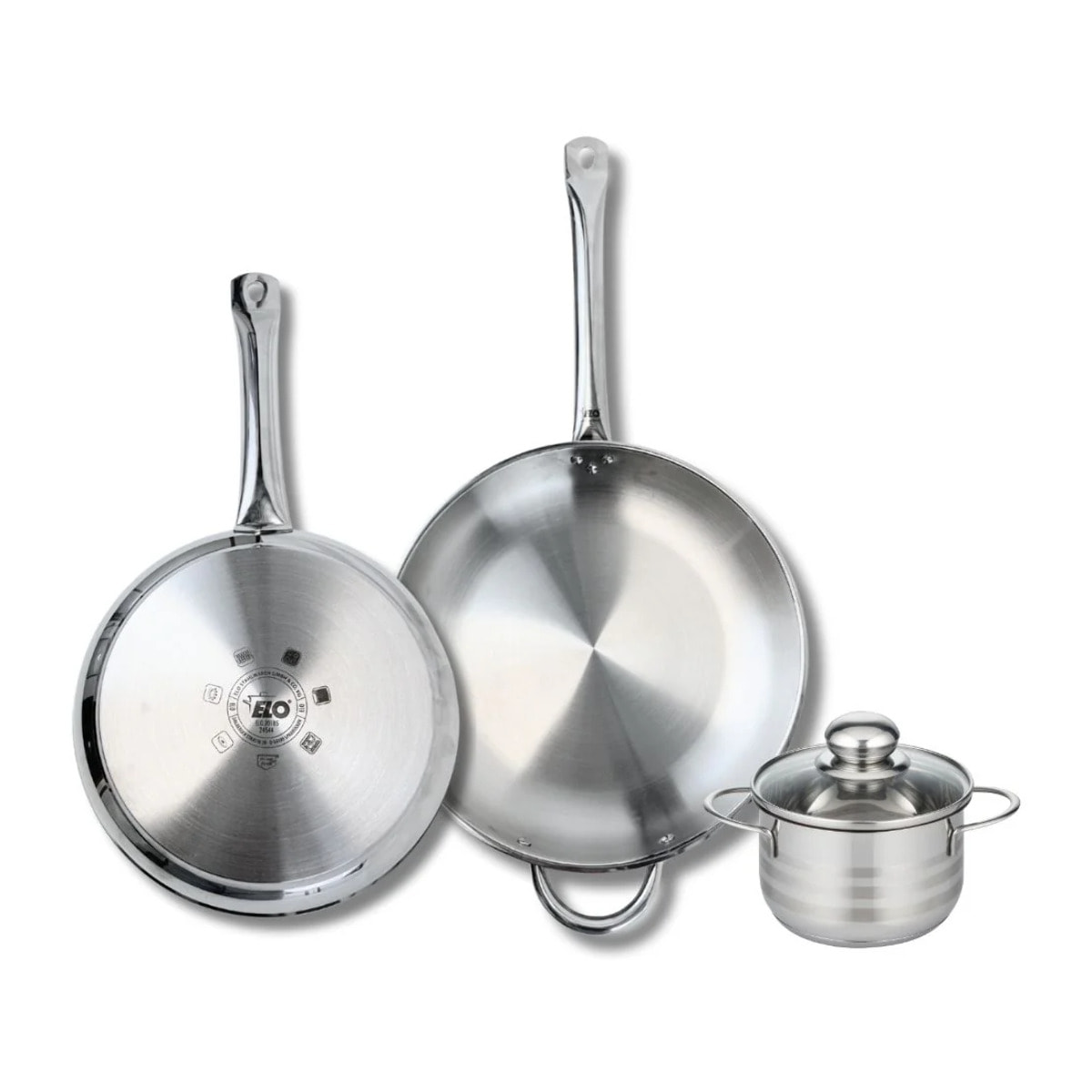 Ensemble de 2 Poêles de cuisson 28 et 32 cm et 1 faitout 14 cm Elo Profi Brillant