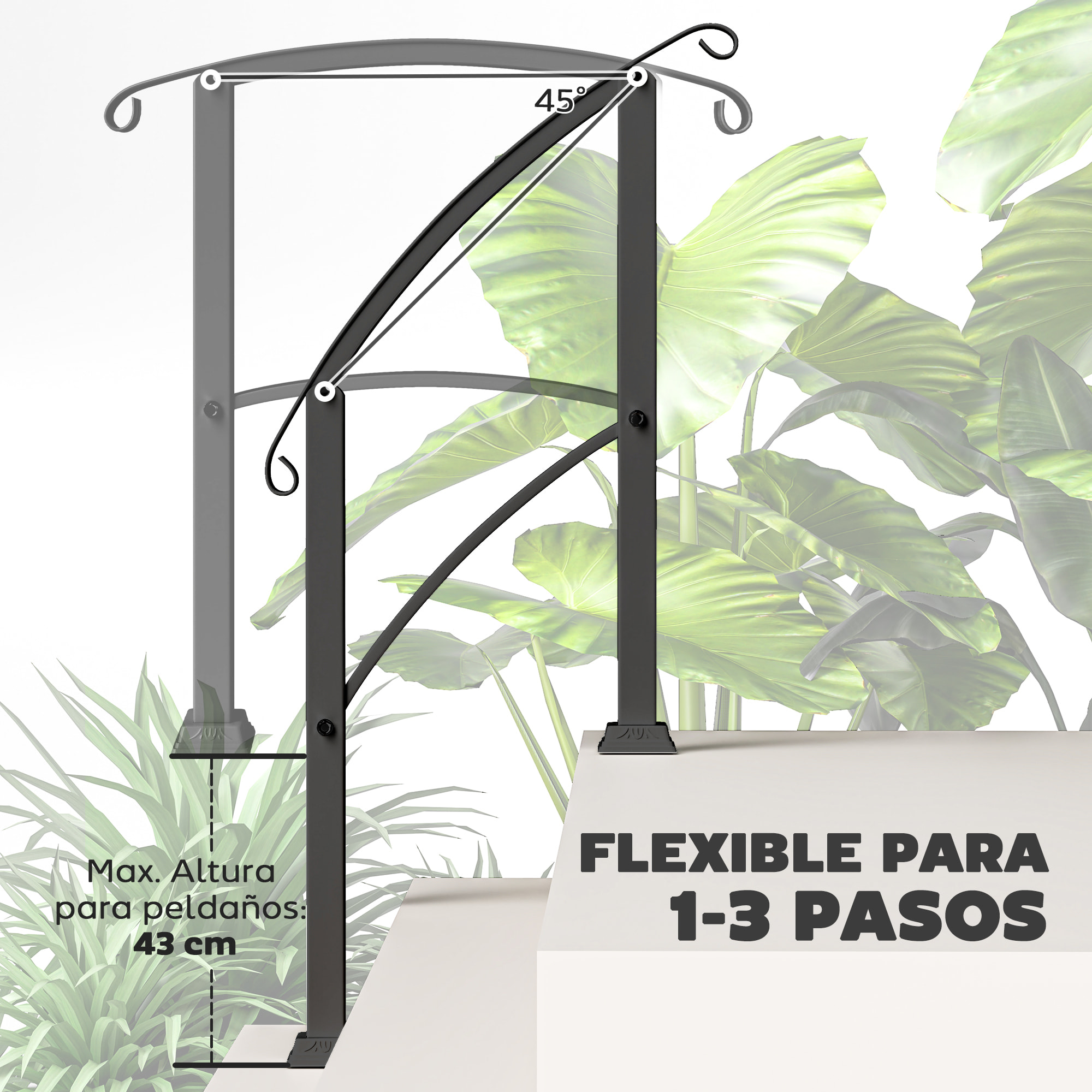 Barandilla de Escalera 71 cm Pasamanos para Escalera con Kit de Instalación Ángulo Ajustable para 1-3 Escalones para Exterior Terraza Patio Negro