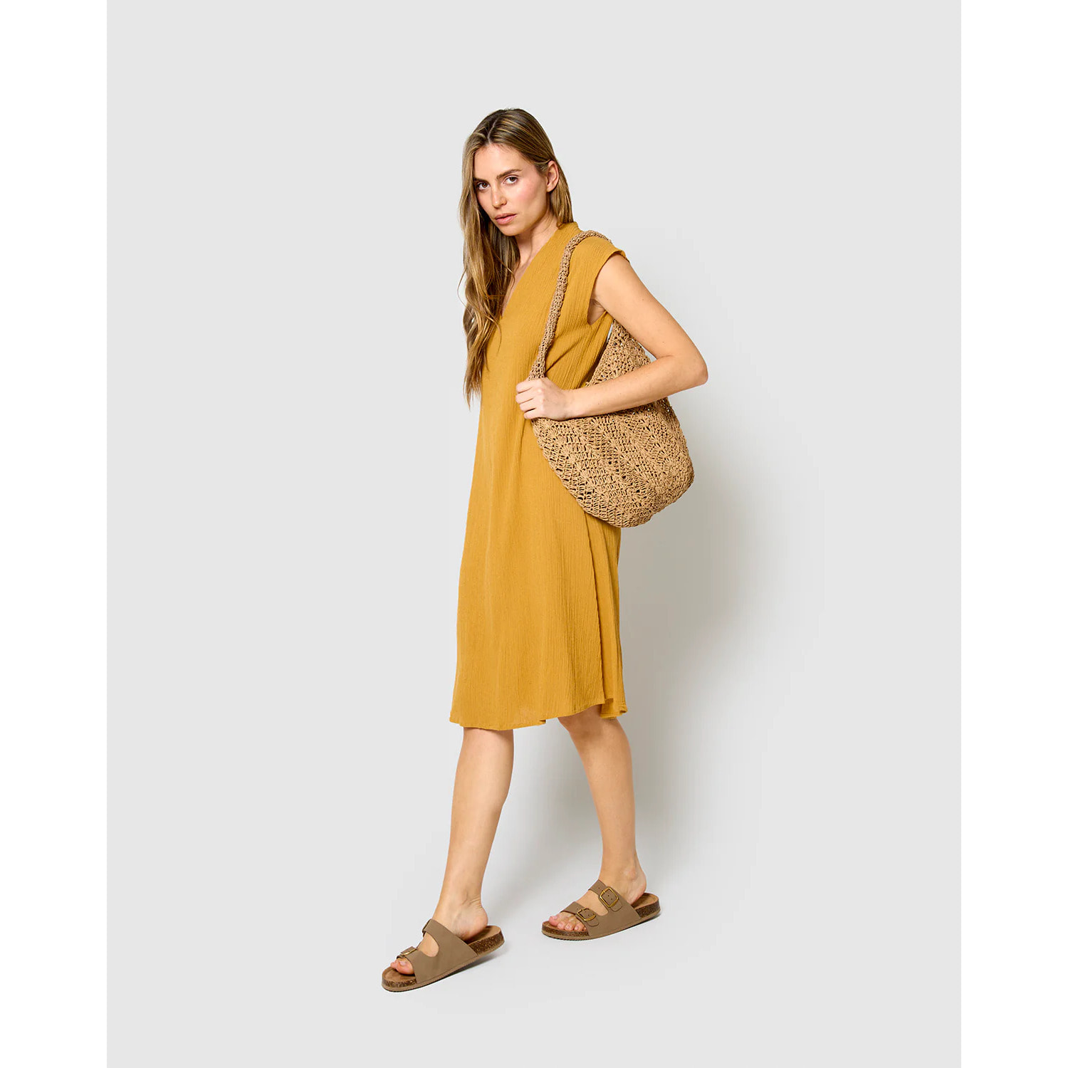 Vestido corto algodón lino ocre