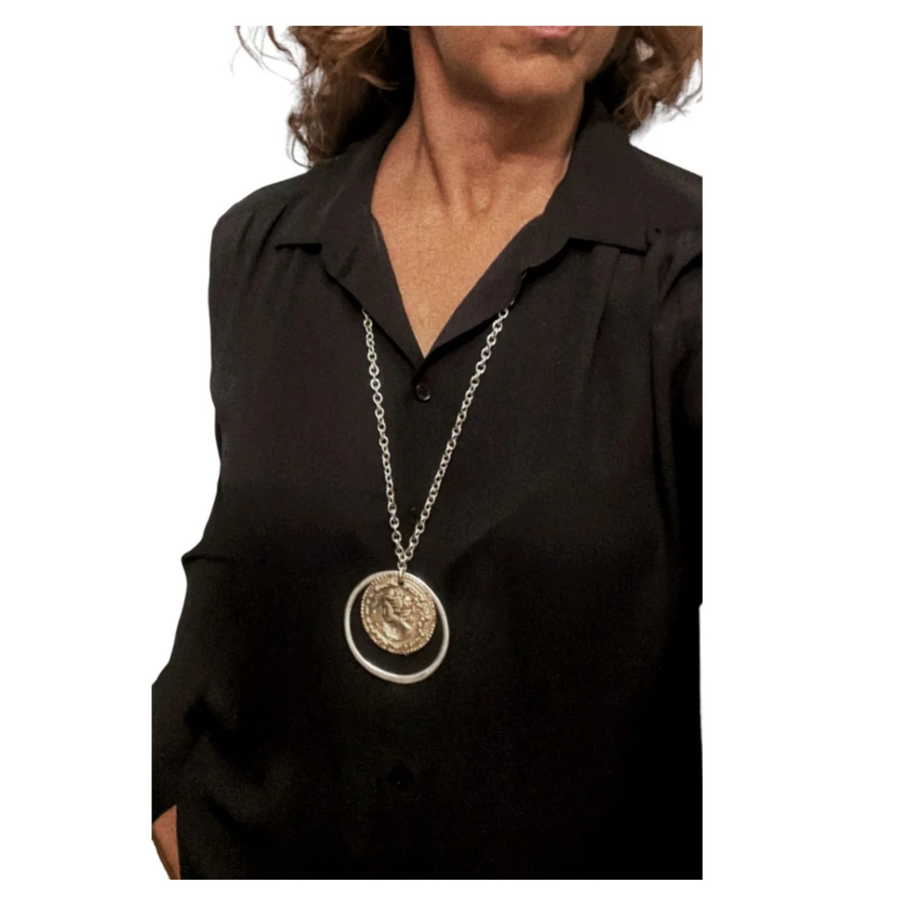 Collar largo con aro y moneda mix en cadena plata