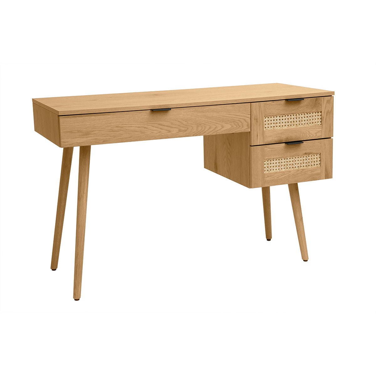 Bureau finition bois clair, cannage rotin et métal noir 3 tiroirs L120 cm MANILLE