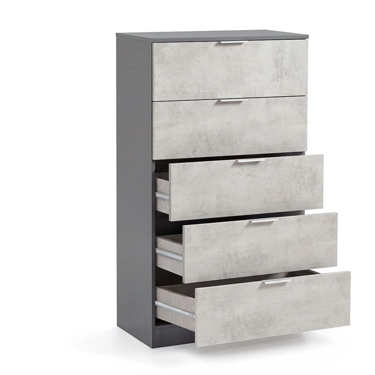 Cómoda alta de 5 cajones en gris grafito y gris cemento 60x110 cm Akari Gris Grafito - Gris Cemento