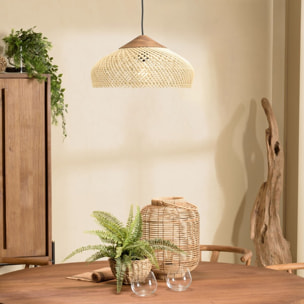 SIXTINE - Suspension 40x40cm en rotin couleur naturelle et teck recyclé