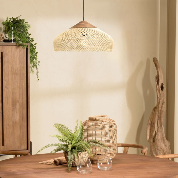 SIXTINE - Suspension 40x40cm en rotin couleur naturelle et teck recyclé