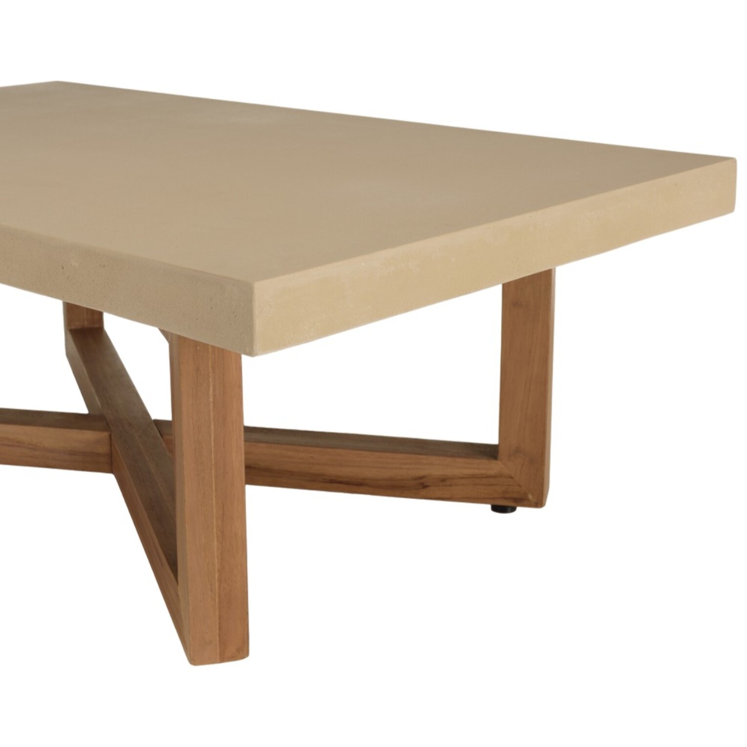DAK - Table basse rect. 120x70cm en béton beige pieds croisés en teck