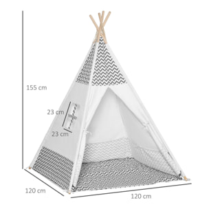 Tienda de Campaña para Niños de +3 Años Tipi Infantil de Madera Portátil con Ventana Colchoneta y Bolsa de Transporte para Interiores y Exteriores 120x120x155 cm Gris