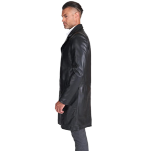 Cappotto in pelle nera lungo stile matrix nappa effetto liscio