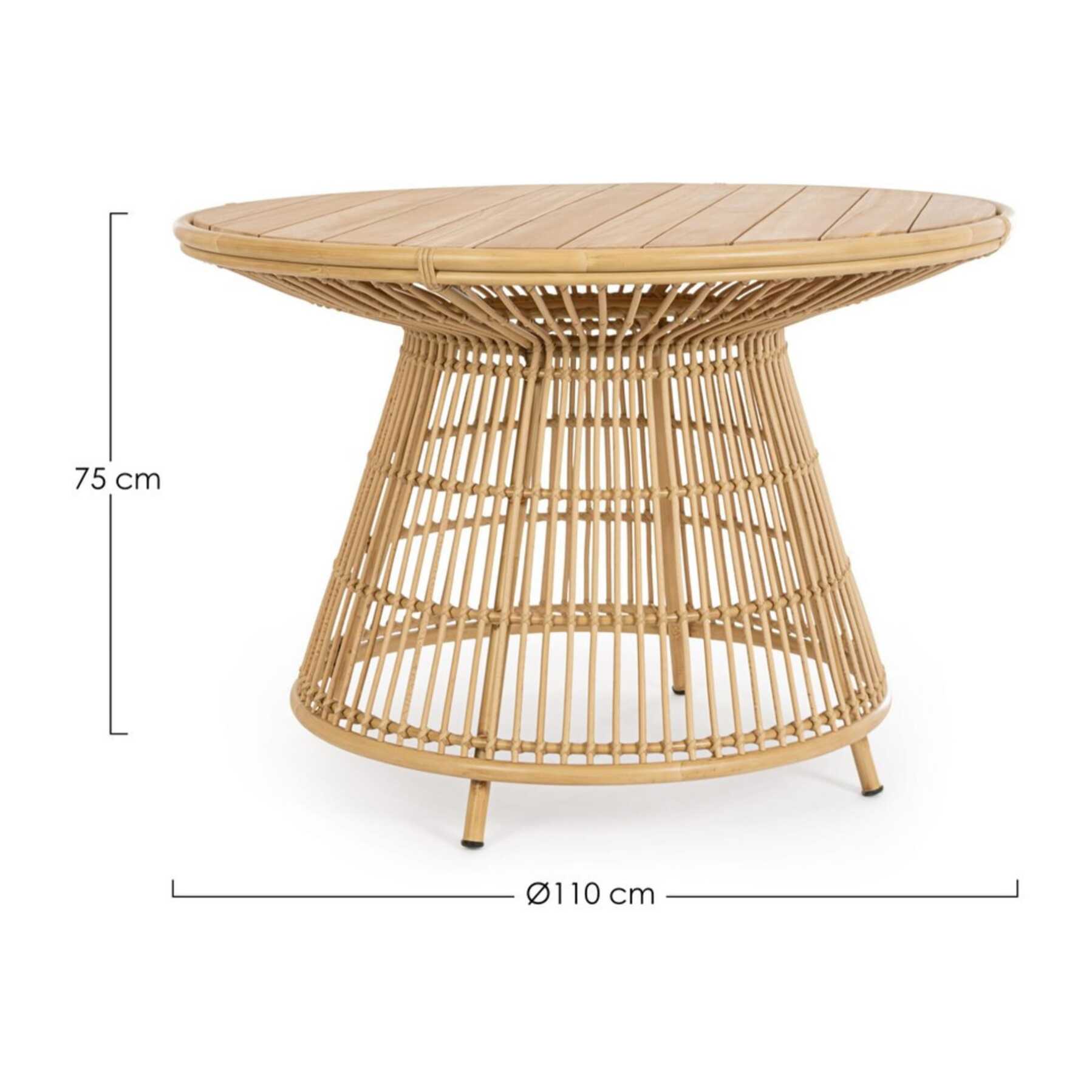 Tavolo da giardino LAMEGO rotondo in teak naturale e fibra effetto rattan, Ø110 cm