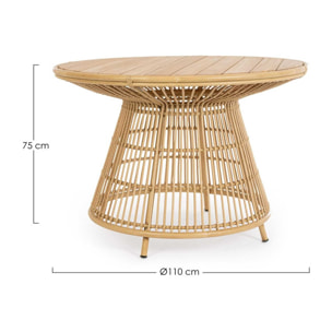 Tavolo da giardino LAMEGO rotondo in teak naturale e fibra effetto rattan, Ø110 cm