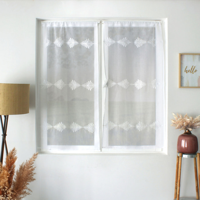 Paire de petits vitrages brodés feuillage - Blanc