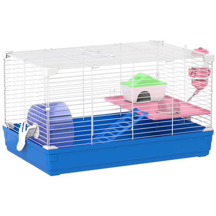 Cage rongeur hamster 2 niveaux cabane roue échelle biberon mangeoire 47 x 30 x 27 cm bleu blanc
