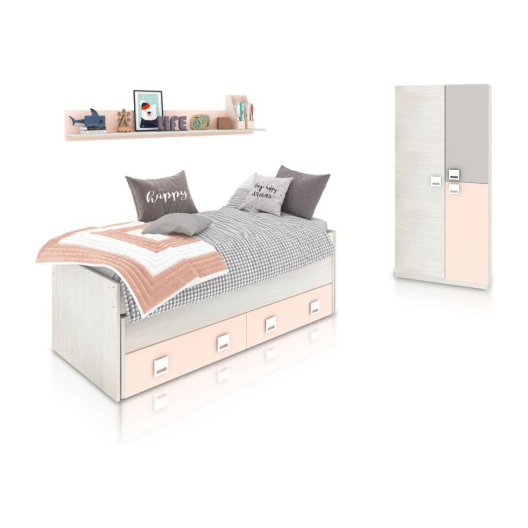 Dormitorio juvenil Kenia Plus Blanco Alpes - Rosa y Gris