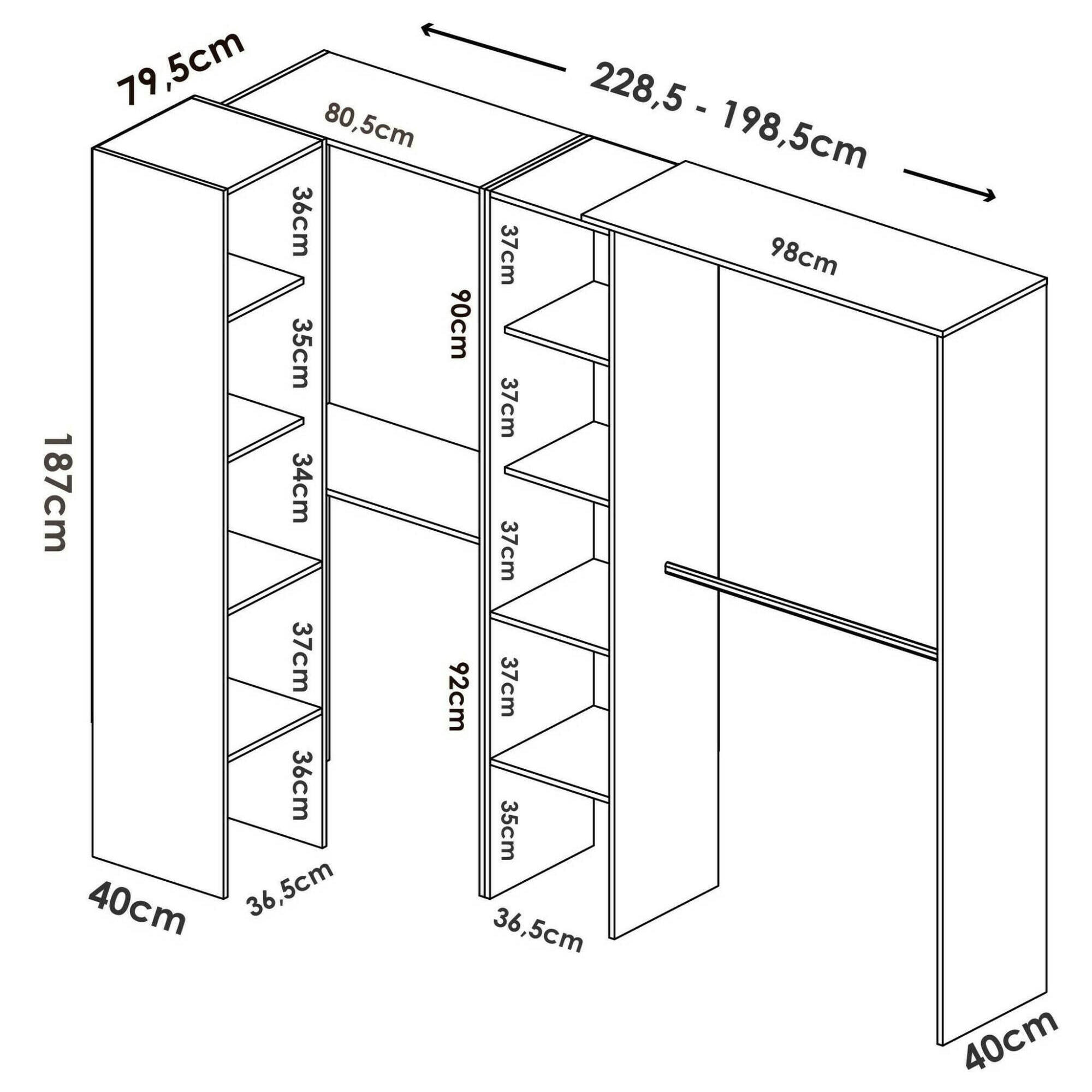 Guardaroba Quadro, Struttura per cabina armadio angolare, Mobile appendiabiti aperto ad angolo, 228x79h187 cm, Bianco