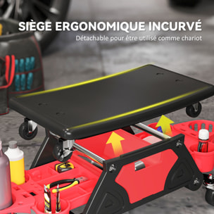 Tabouret d'atelier mobile chariot de mécanicien 2 en 1 - 3 plateaux outils - noir rouge