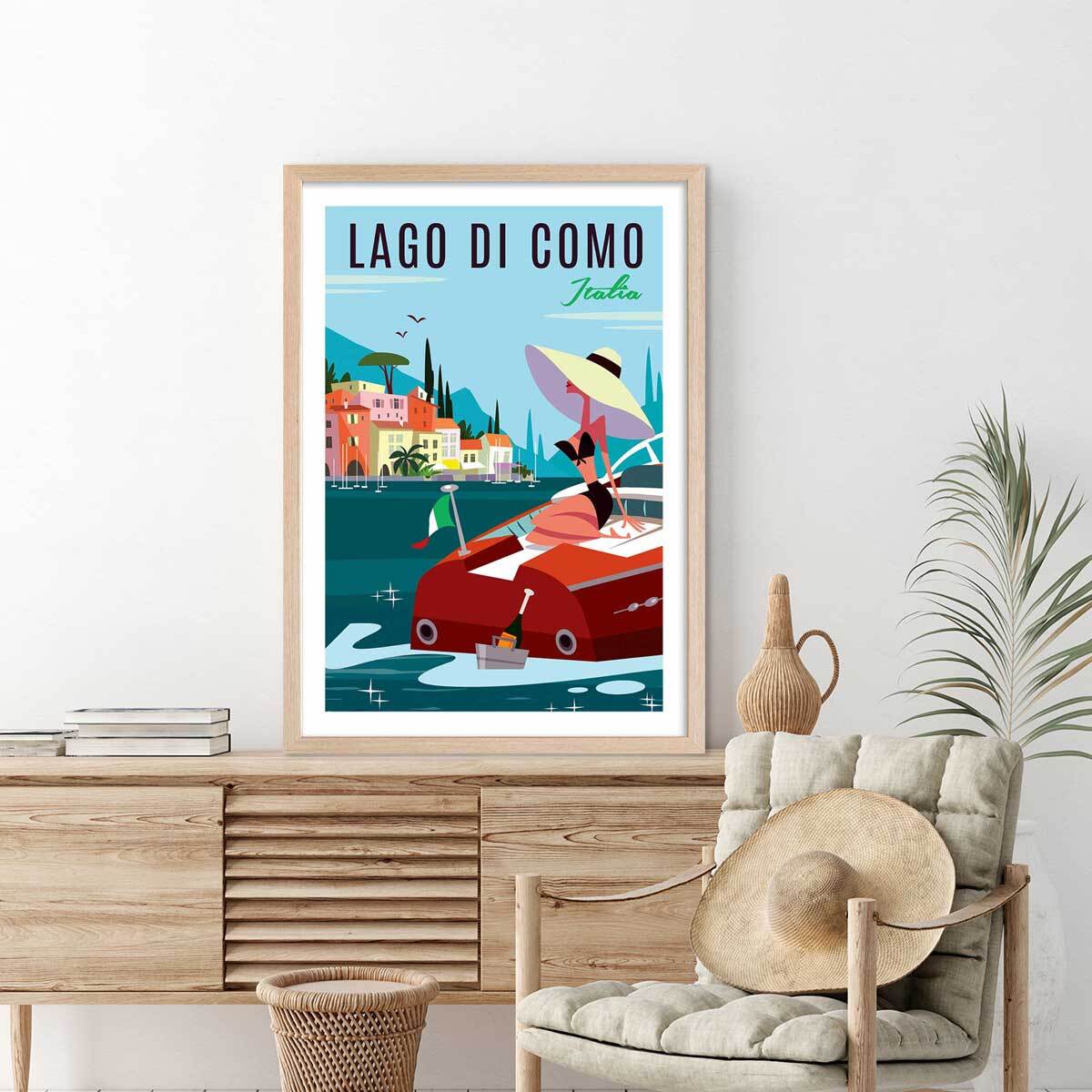 Poster retro lac de côme Affiche + cadre en bois - Chêne