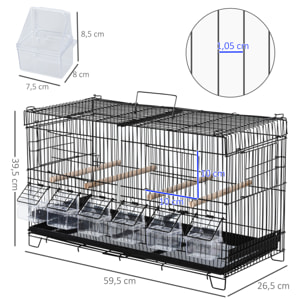 Cage à oiseaux mangeoires perchoirs 4 portes plateau excrément poignée métal PP noir