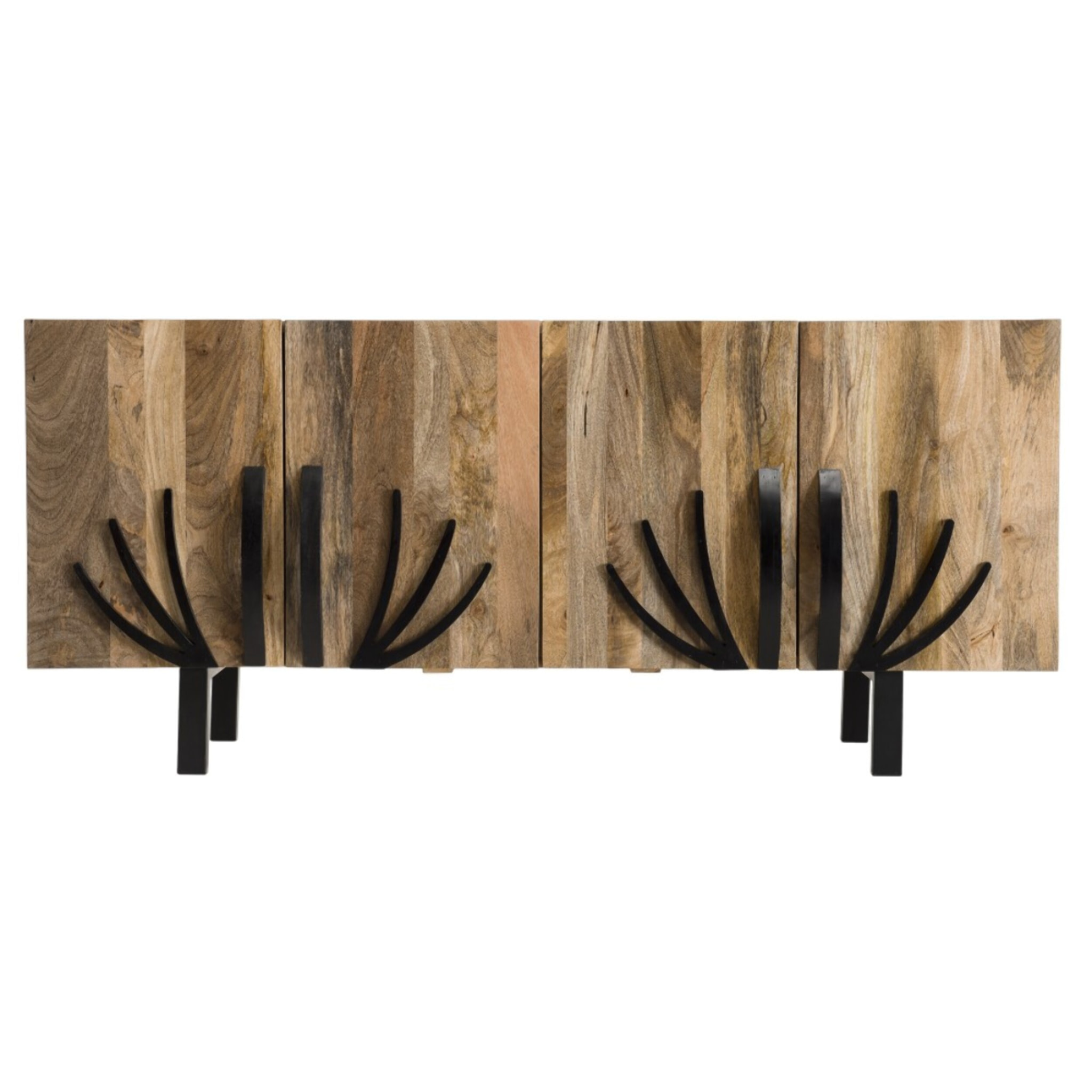 INDRA - Buffet bois Manguier 177x45cm 4 portes 2 étagères déco branches pieds métal Bangalore