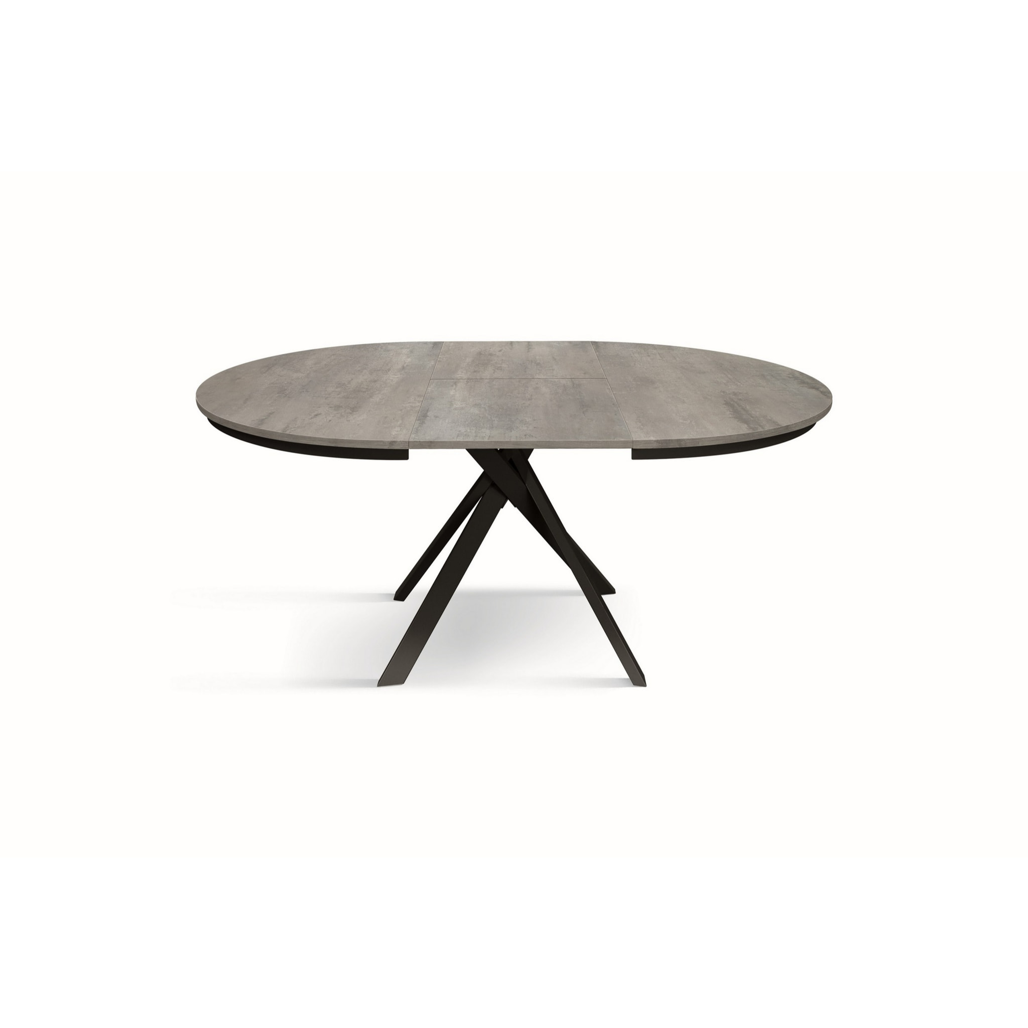 Tavolo rotondo PANTELLERIA in legno effetto grigio cemento con gambe incrociate in metallo antracite, allungabile ⌀120 cm - ⌀170 cm