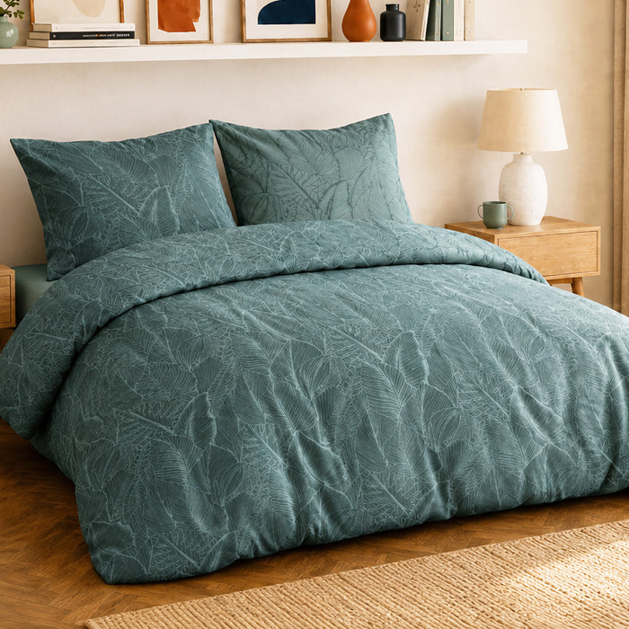 Parure housse de couette 100% percale de coton motif feuilles tropicales - SYLVAE