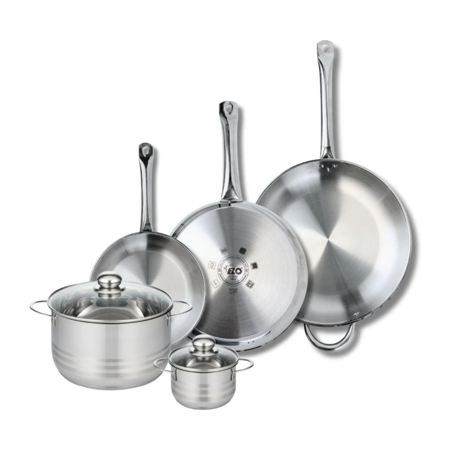 Ensemble de 3 Poêles de cuisson 24, 28 et 32 cm et 2 faitouts 12 et 20 cm Elo Profi Brillant