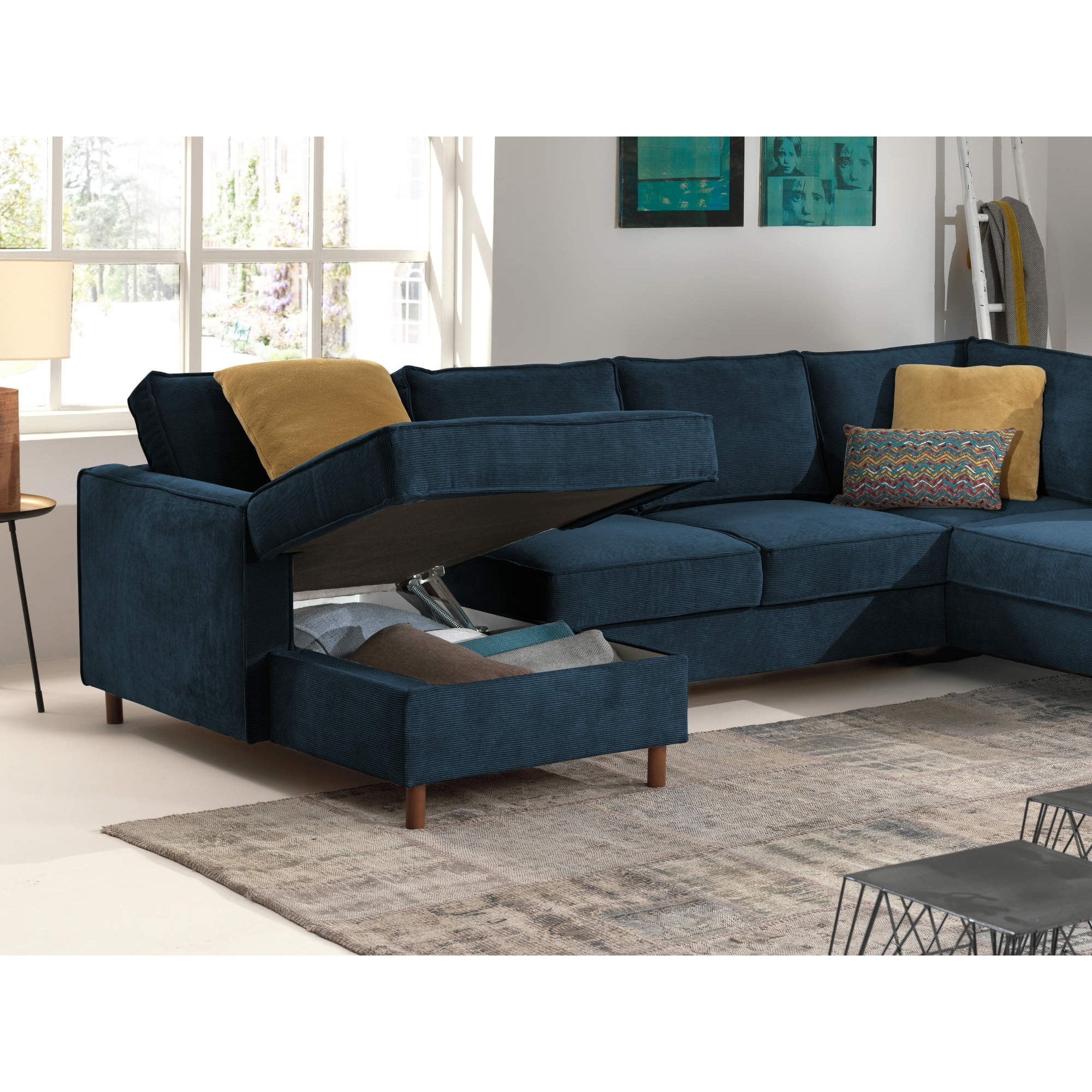 Jake - canapé panoramique d'angle droit - convertible avec coffre - 7 places - en velours côtelé - Bleu Ardoise