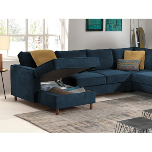 Jake - canapé panoramique d'angle droit - convertible avec coffre - 7 places - en velours côtelé - Bleu Ardoise