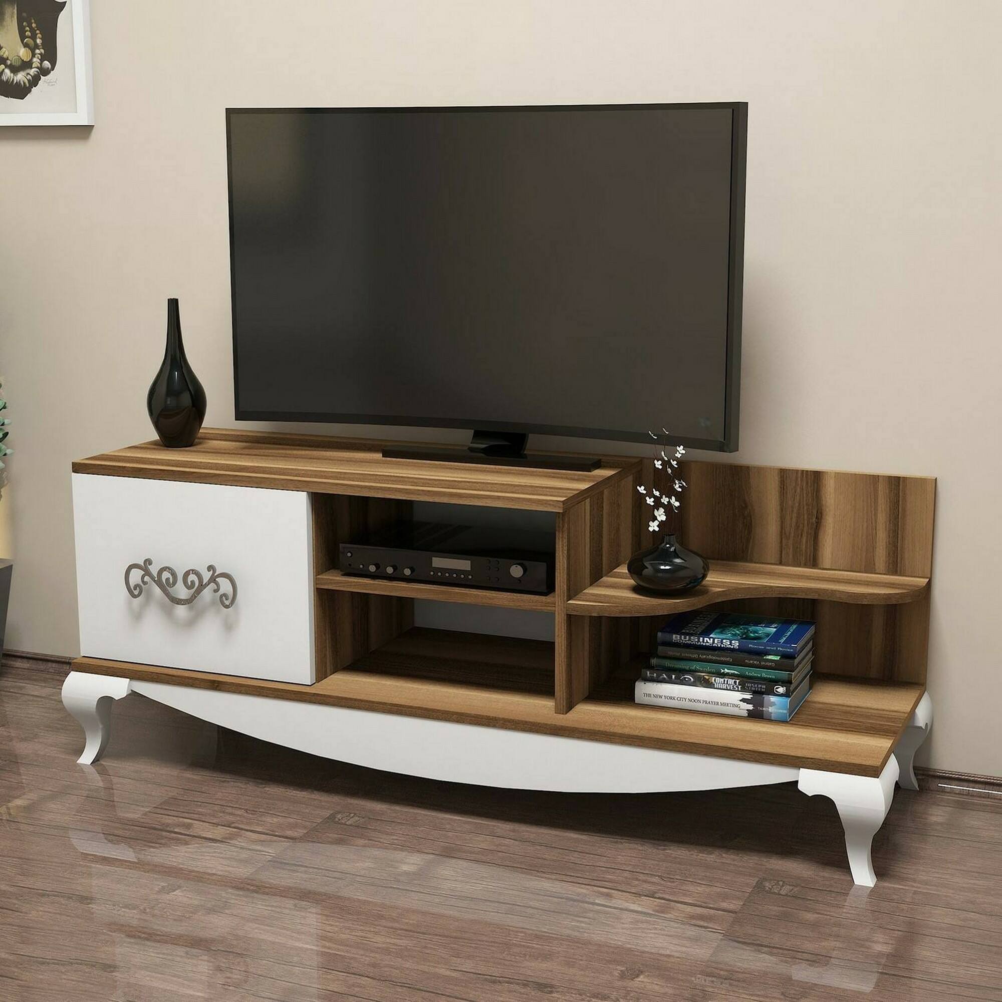 Mobile porta TV Dporrin, Credenza da soggiorno, Armadio basso per TV, Base parete attrezzata, 130x45h51 cm, Noce e Bianco