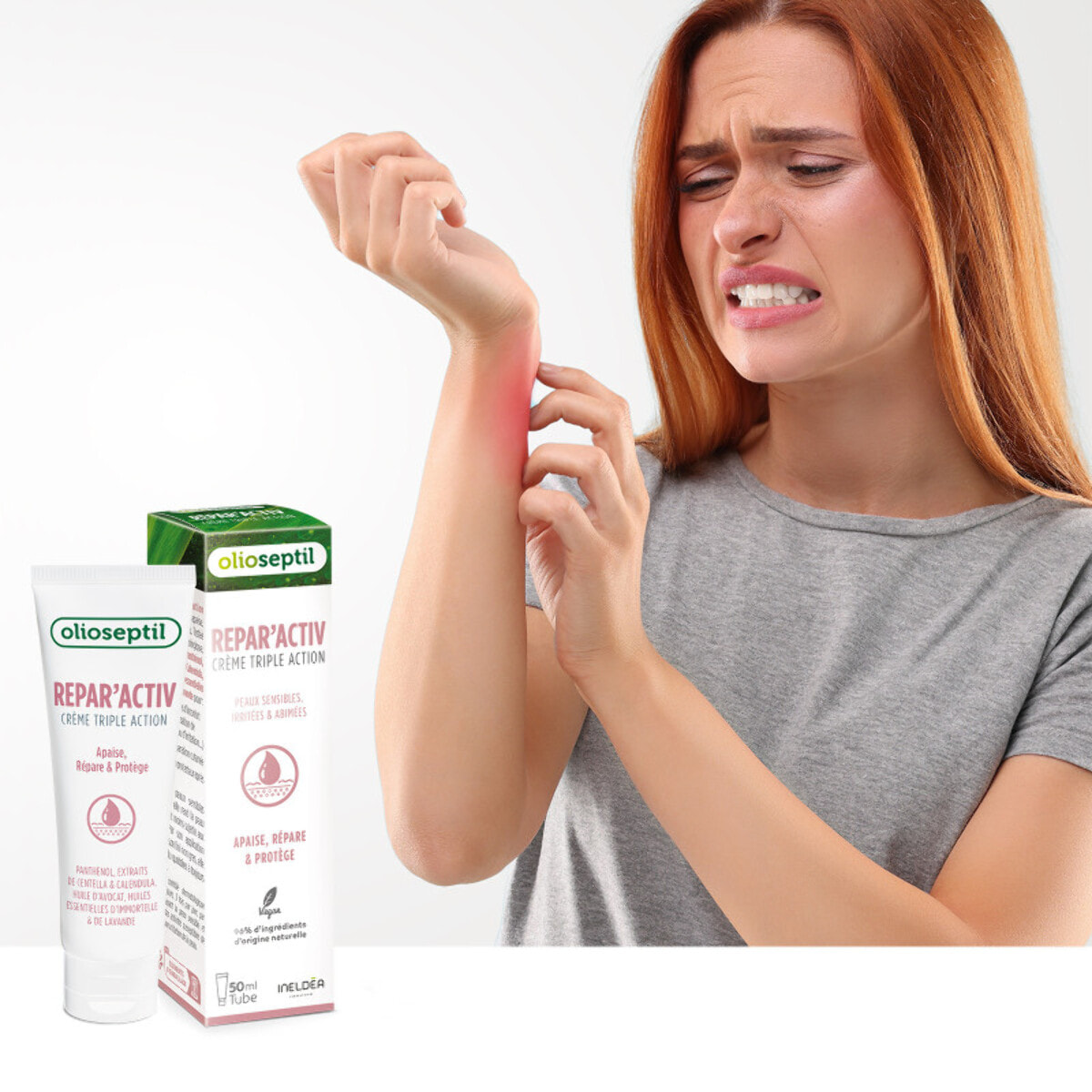 OLIOSEPTIL - Repar'activ - Crème triple action - Aide à Apaiser, Répare et Protège la peau - Adaptée aux Peaux Sensibles - Vegan - Tube 50 ml