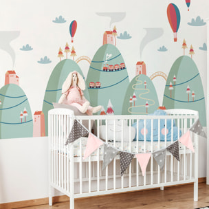 Stickers muraux enfants - Décoration chambre bébé - Autocollant Sticker mural géant enfant montagnes scandinaves MONTGOLFIÈRES DANS LE PAYSAGE