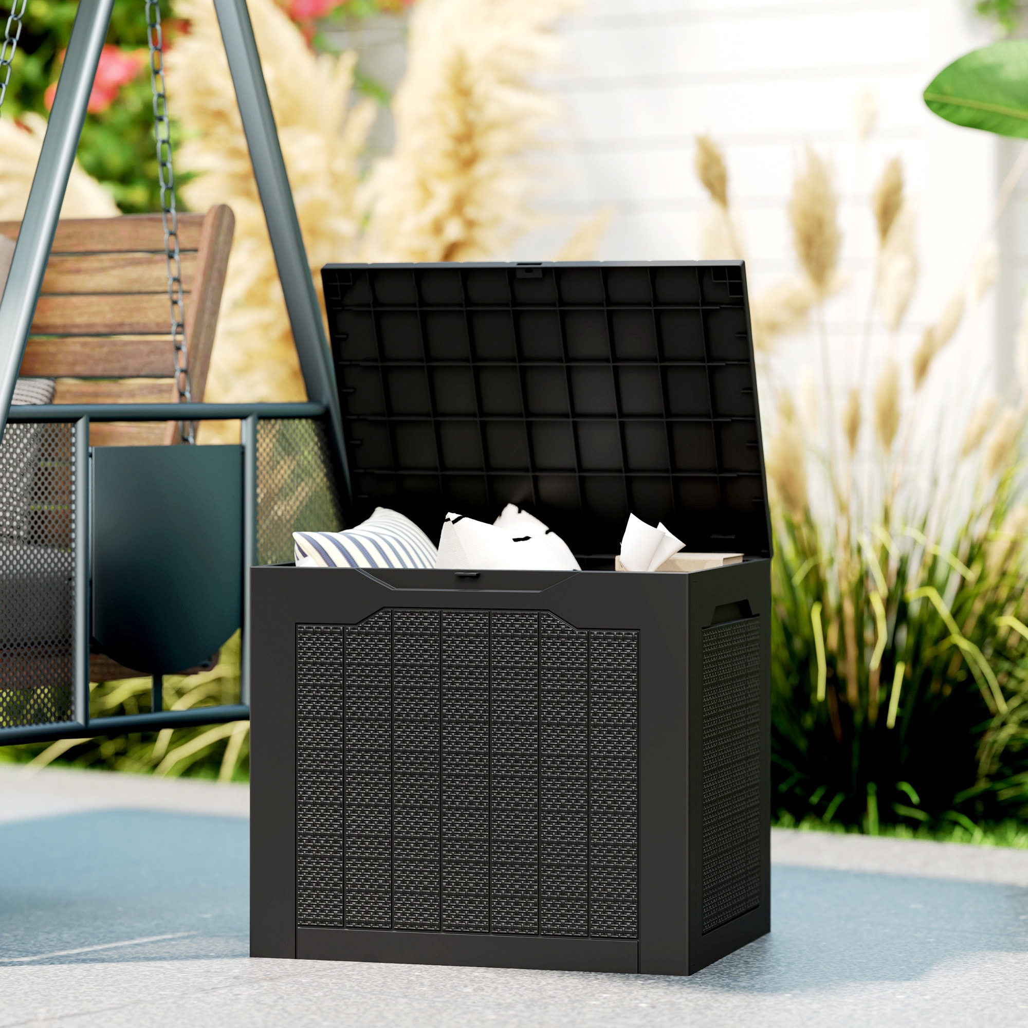 Outsunny Baúl de Almacenaje Exterior 97L Arcón de Jardín Exterior Pequeño de Plástico Impermeable con 2 Asas Integradas y Soporte para Candado 56x41x50 cm Negro