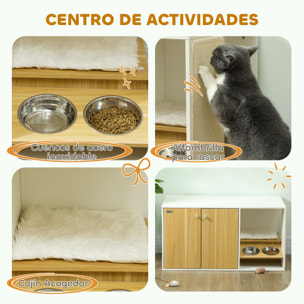 Mueble Arenero para Gatos 3 en 1 Nido Mesa Auxiliar Caja de Arena para Gatos con Puertas Cojín Tazones Estera para Rascar y Compartimento para Salón Dormitorio 95x48x50,5 cm Blanco y Roble