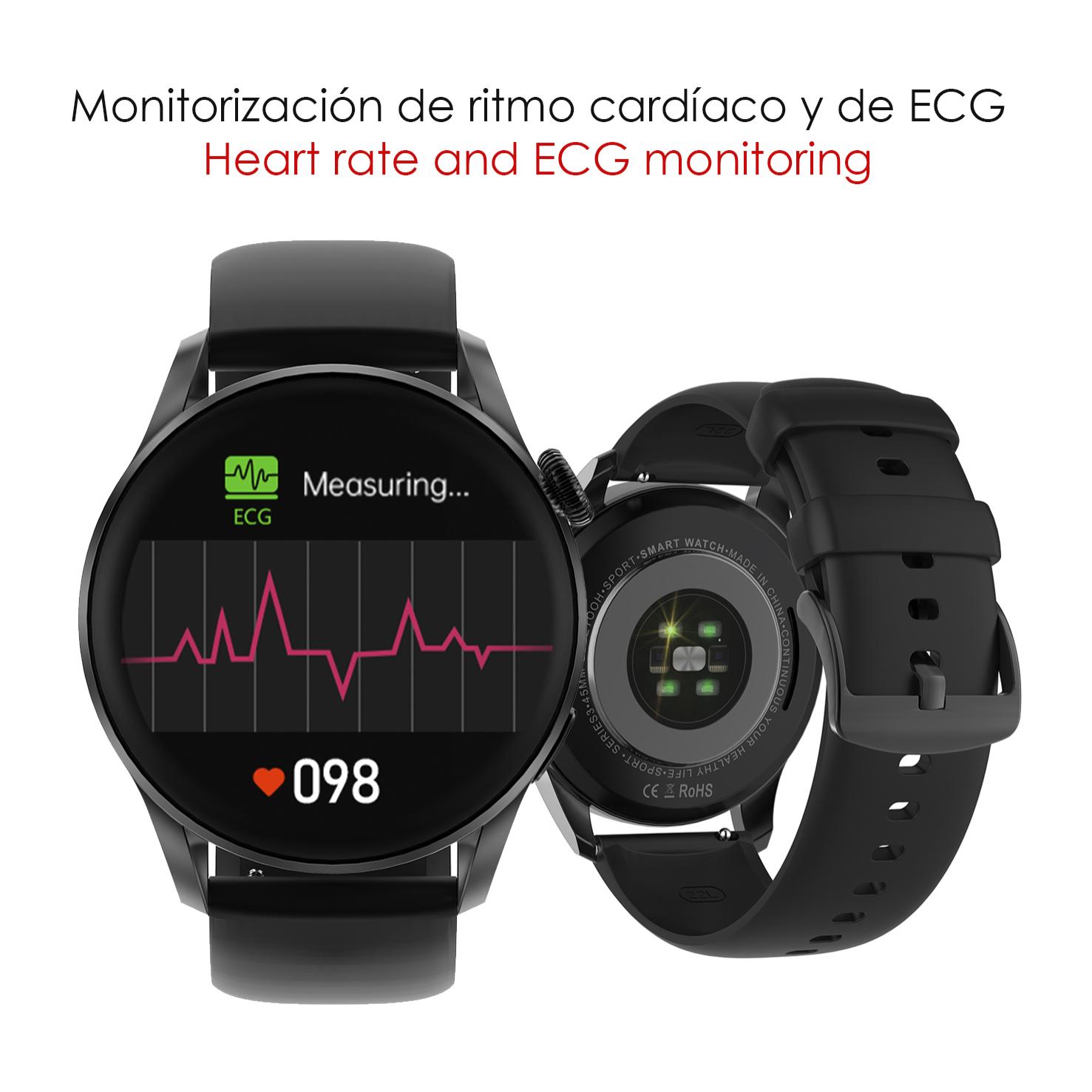 Smartwatch DT3 con notifiche, schermo diviso, modalità multisport e cardiofrequenzimetro.