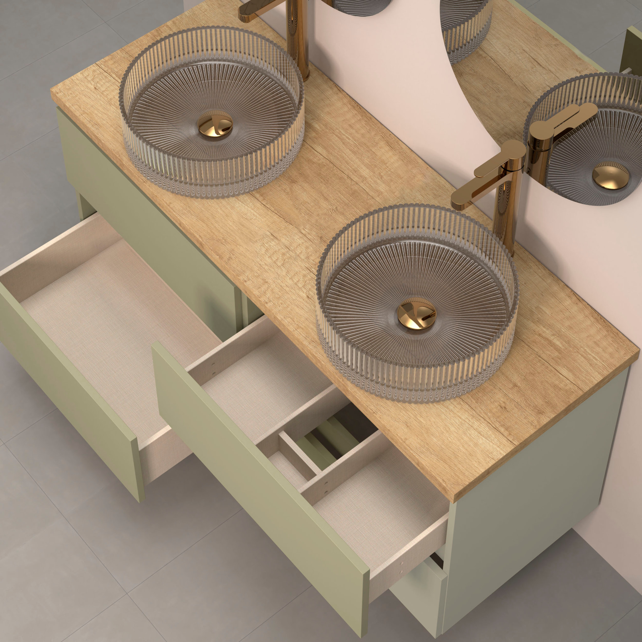 CONJUNTO DE BAÑO KUB | 140 CM VERDE CACTUS| CUATRO CAJONES | LAVABOS DE CRISTAL | NO INCLUYE ESPEJO | MUEBLE MONTADO | ALDAY