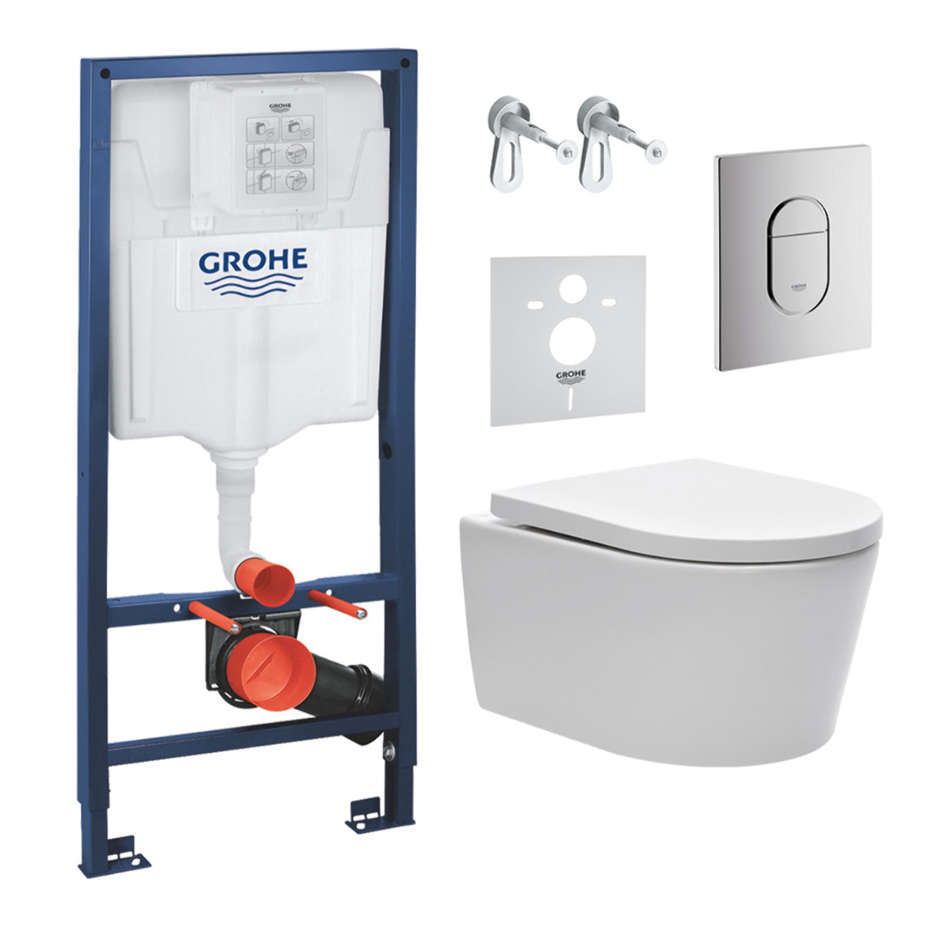 Pack WC bâti support Solido 113cm + Cuvette SAT rimless fixations invisibles + Abattant softclose + Plaque chrome