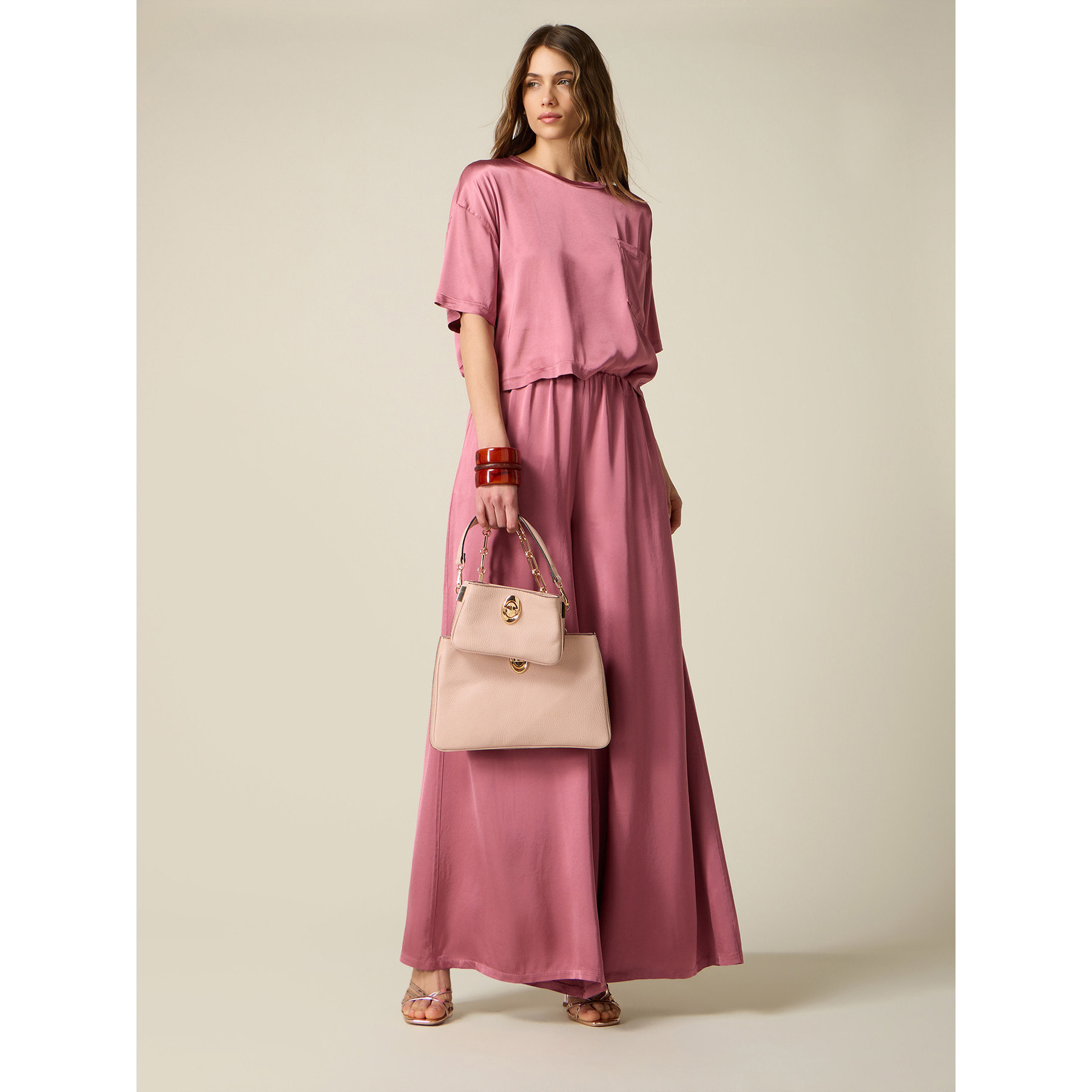 Oltre - Pantaloni palazzo in raso di viscosa - Rosa