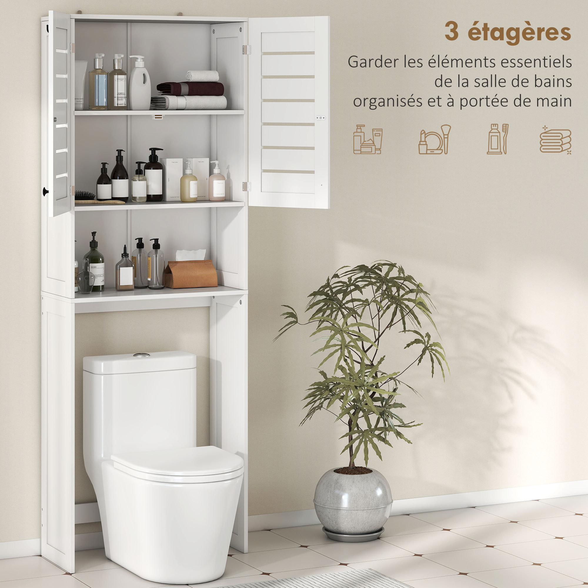 Meuble WC meuble dessus toilettes style classique chic 2 portes étagère niche blanc