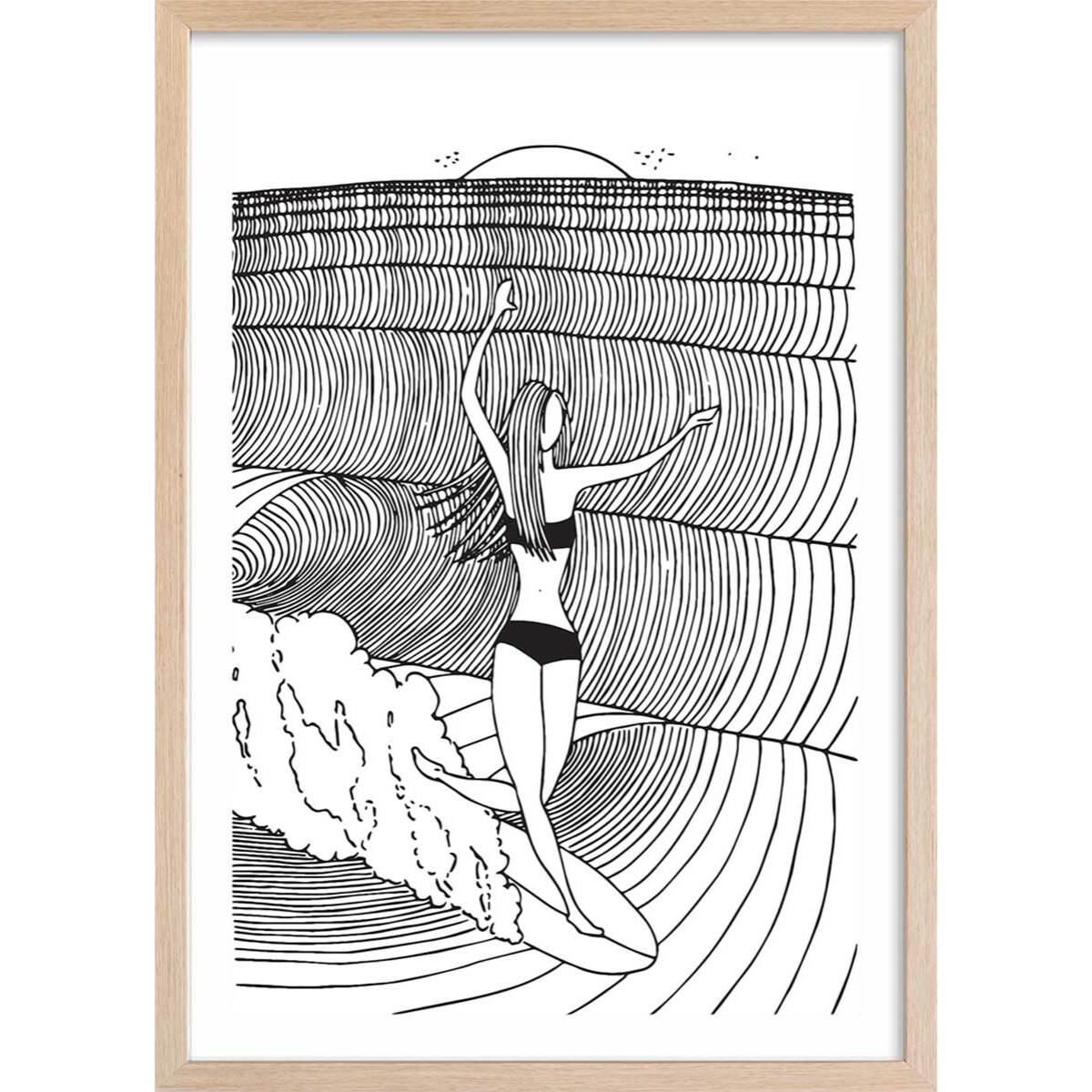 Poster surfeuse nose-riding Affiche + cadre en bois - Chêne