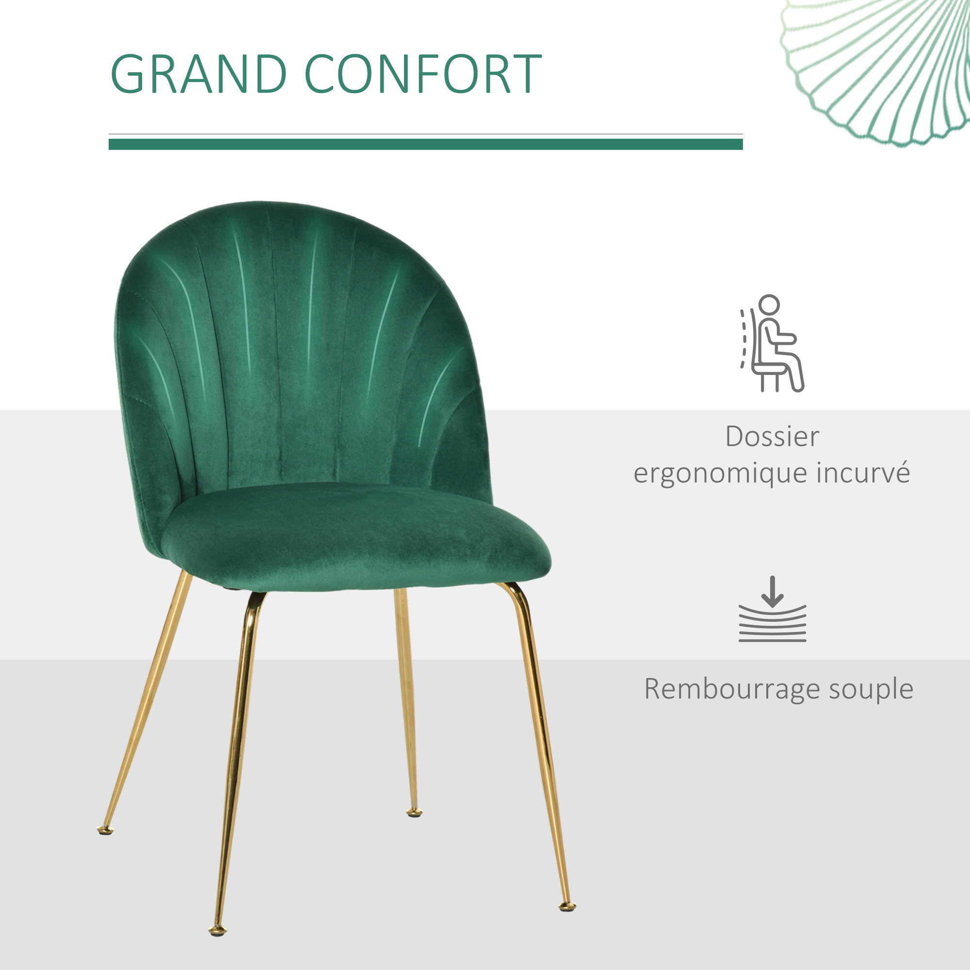 Lot de 2 chaises style art-déco dossier strié arrondi piètement métal doré incliné effilé velours vert sapin