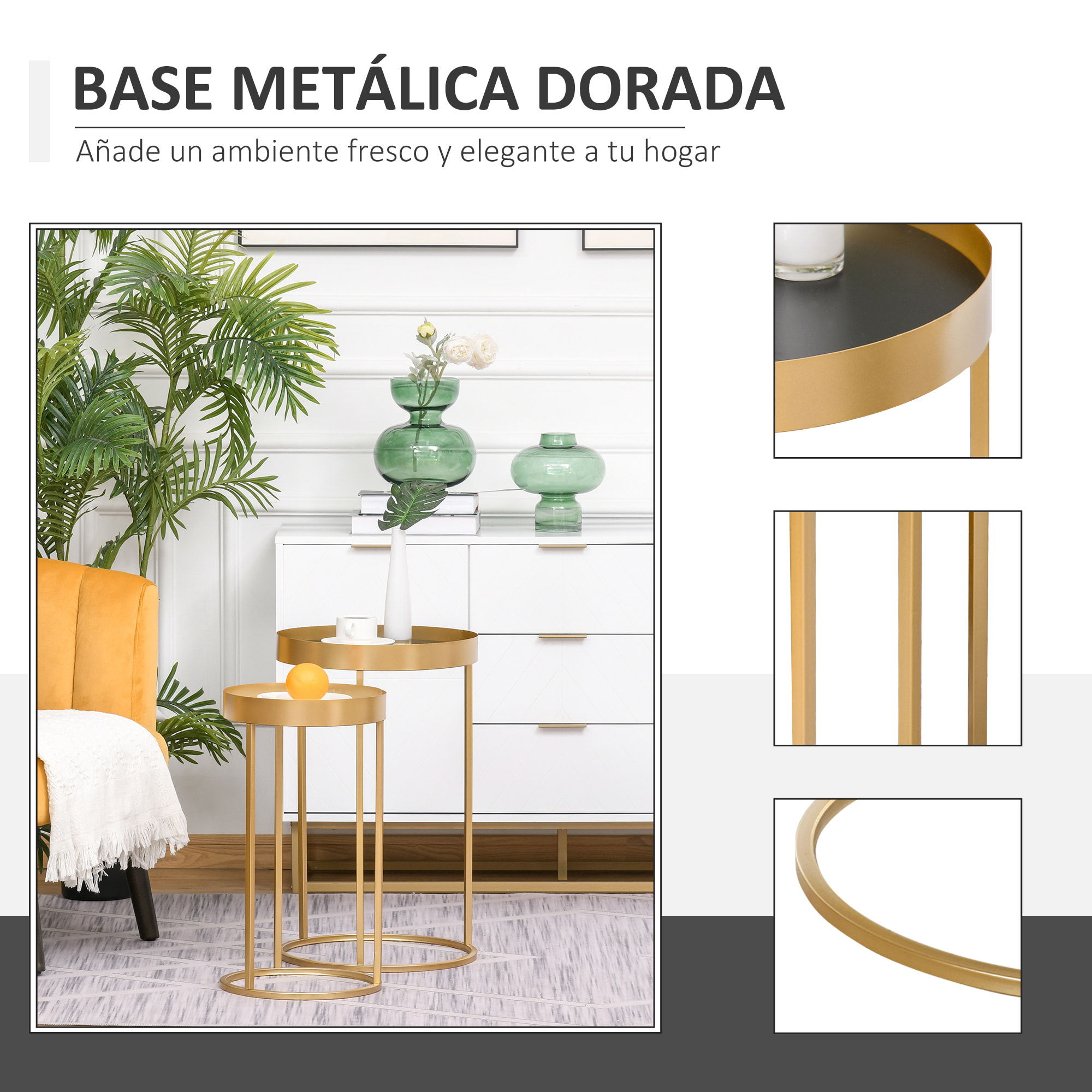Juego de 2 Mesas de Café Moderno Set de 2 Mesas de Centro Apilables Estructura de Metal Dorado Sala de Estar Ø39x63 cm y Ø30,8x56 cm Encimera Negro y Blanco