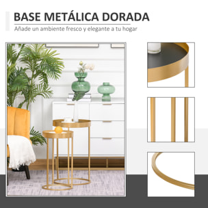 Juego de 2 Mesas de Café Moderno Set de 2 Mesas de Centro Apilables Estructura de Metal Dorado Sala de Estar Ø39x63 cm y Ø30,8x56 cm Encimera Negro y Blanco