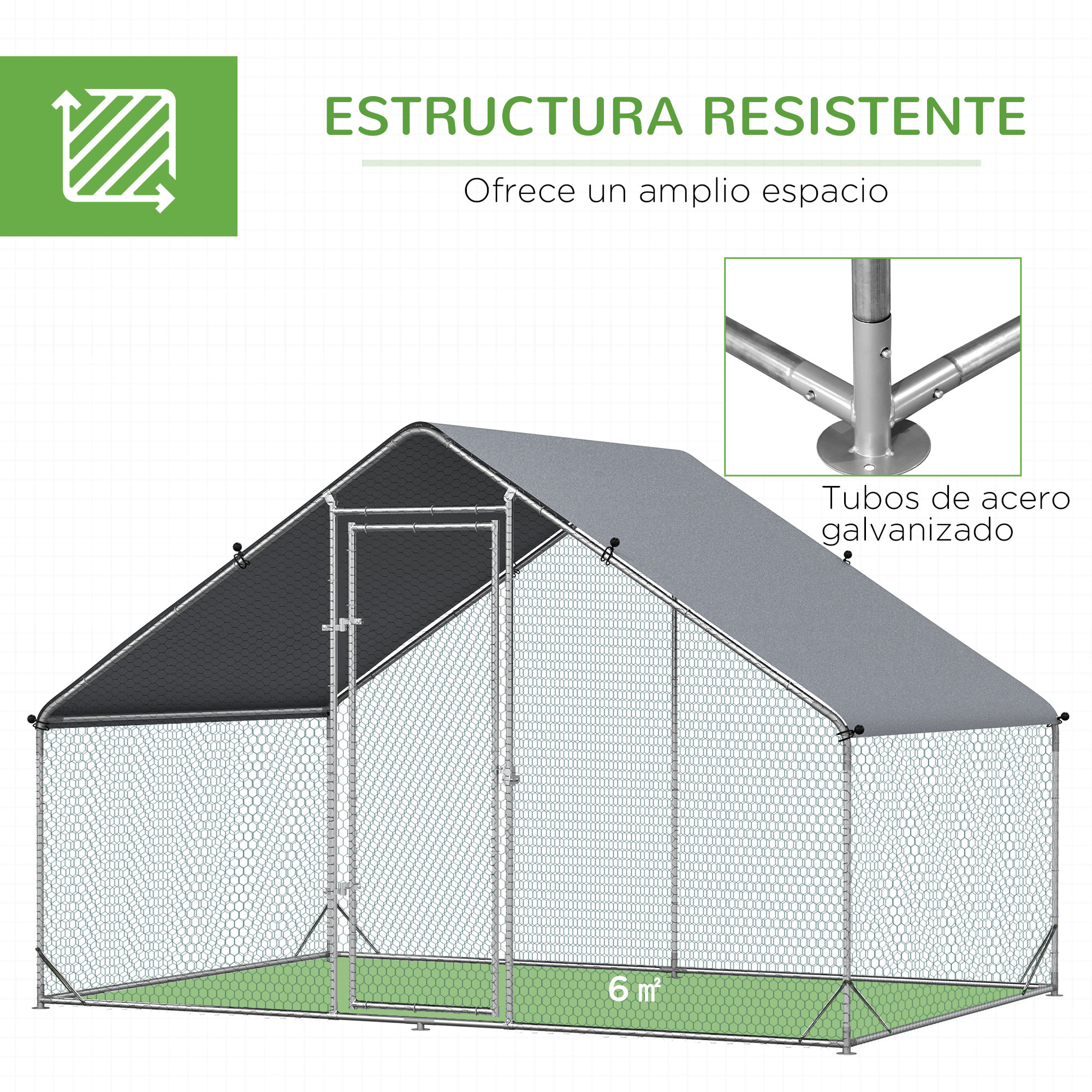 Gallinero de Exterior Grande 3x2x2 m Jaula para 4-6 Gallinas Cercado de Acero Galvanizado con Techo de PE y Cerradura para Conejos Aves de Corral Plata